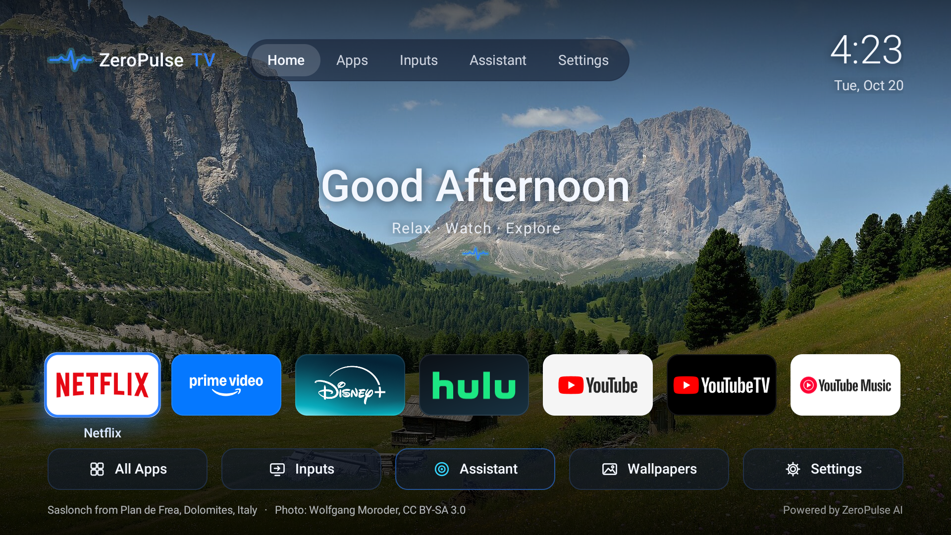ZeroPulse TV Home on a real TCL, with nature wallpaper, seven favourite apps and five quick controls
