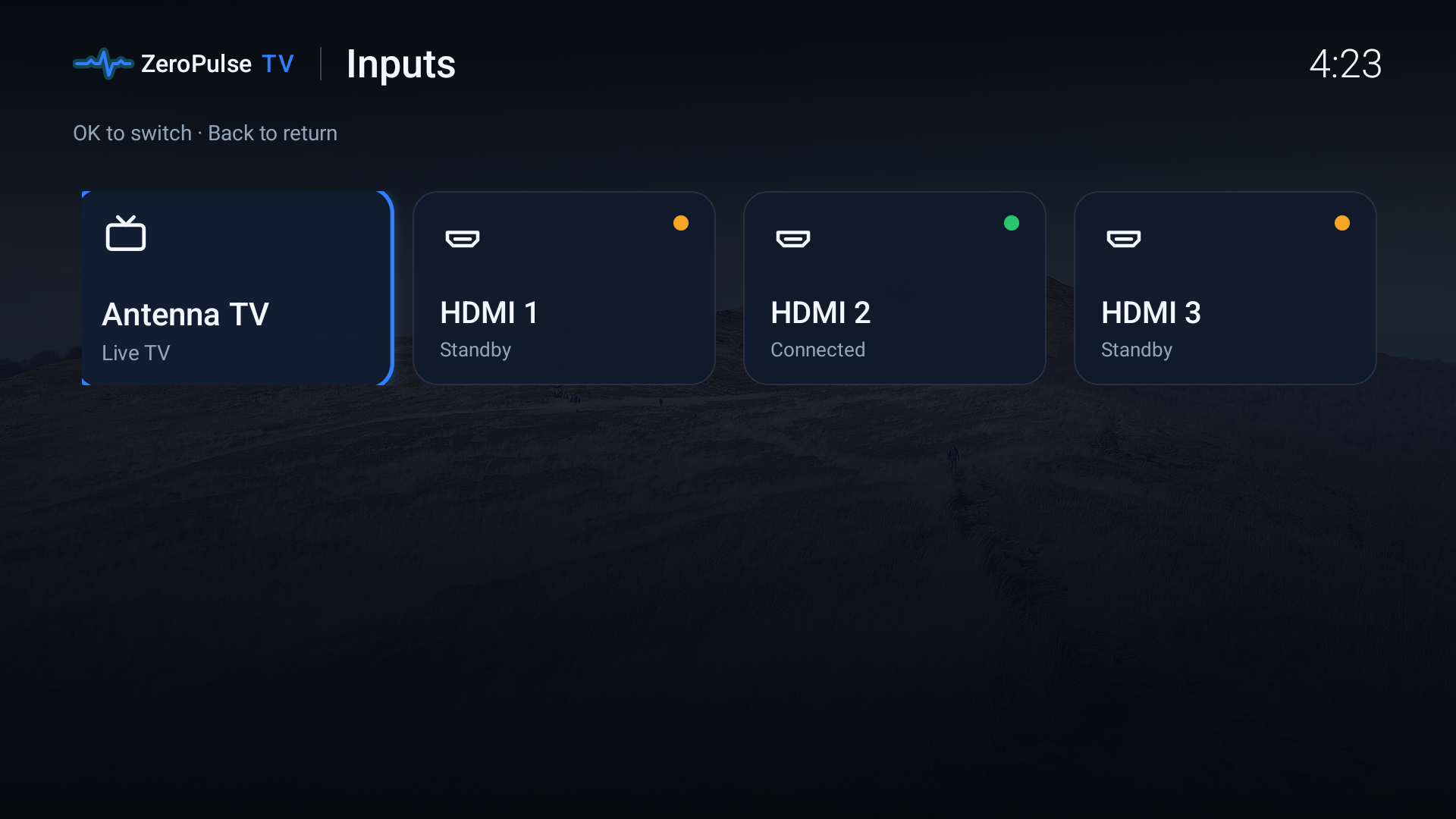 Real TCL Inputs screen with HDMI and tuner options