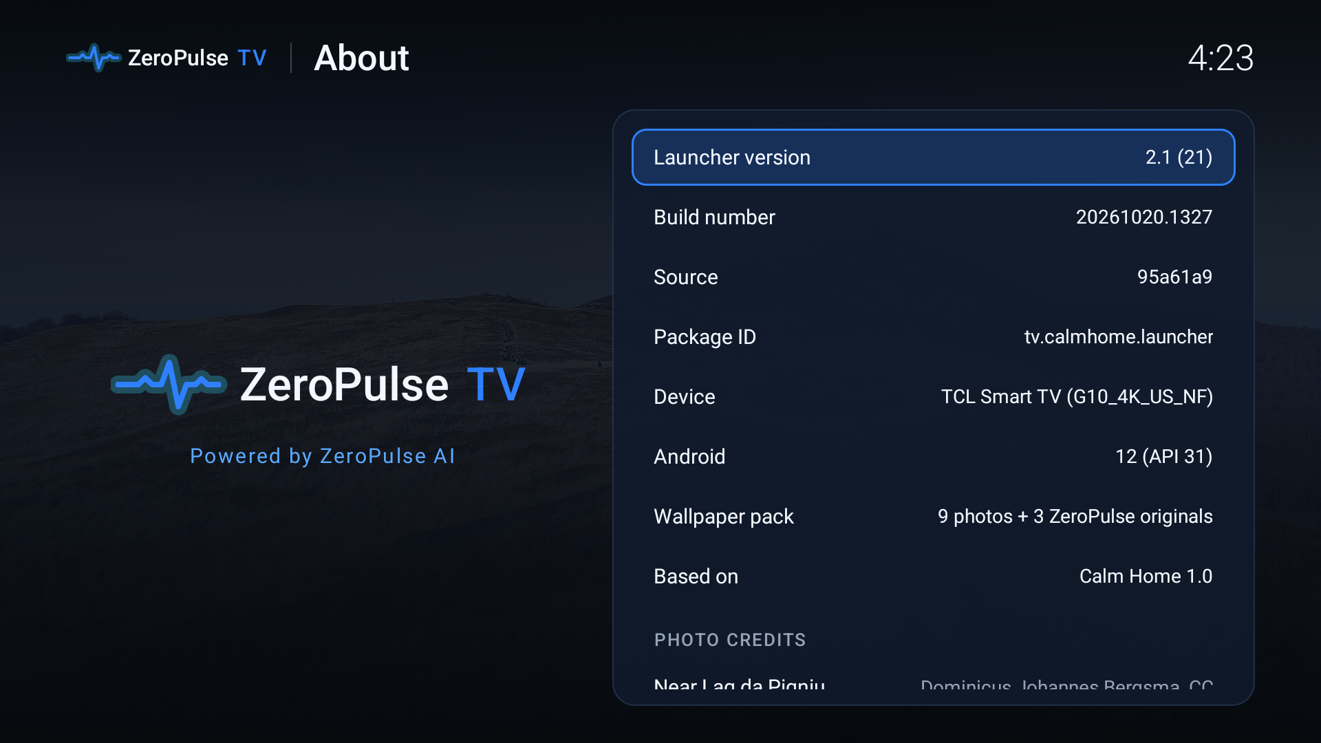 Real ZeroPulse TV About screen
